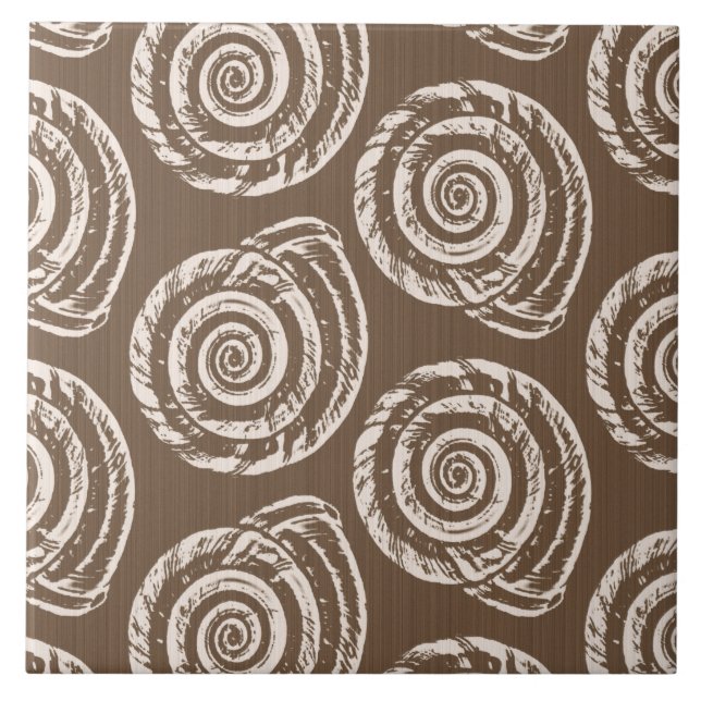 Spiral Seashell Block Print, Taupe Tan und Creme Fliese (Vorderseite)