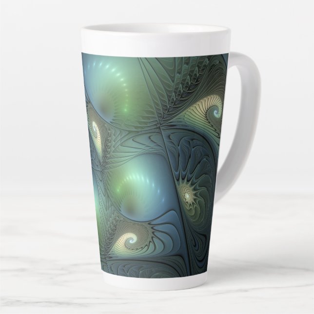 Spiralen Aquamarin Beige Grün Abstraktes Fraktal K Milchtasse (Rechte Ecke)