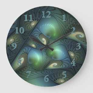 Spiralen Türkis Beige Grüne Abstrakte Fraktal Kuns Große Wanduhr