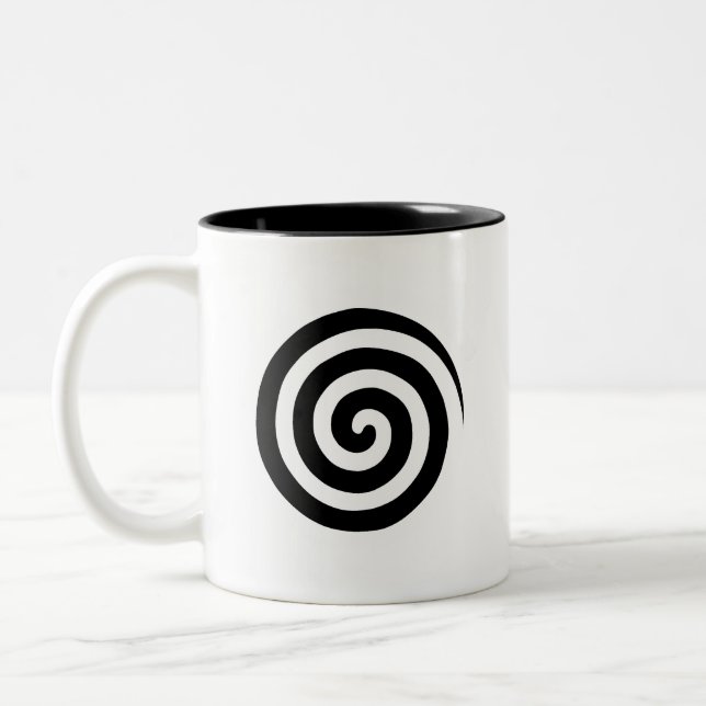 Spiralkreise des Herzens und des Wirbels in Schwar Zweifarbige Tasse (Links)