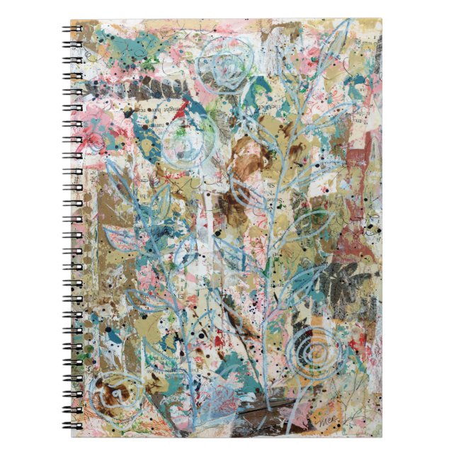 Spiralnotizbuch mit Mixed-Media-Blumenkunstwerk. Notizblock (Vorderseite)