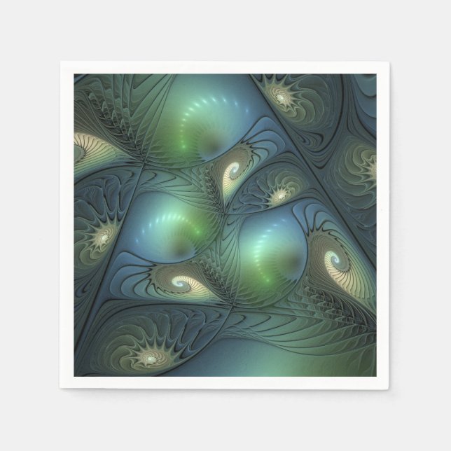 Spirals Beige Grün Türkis Abstraktes Fraktal Kunst Serviette (Vorderseite)