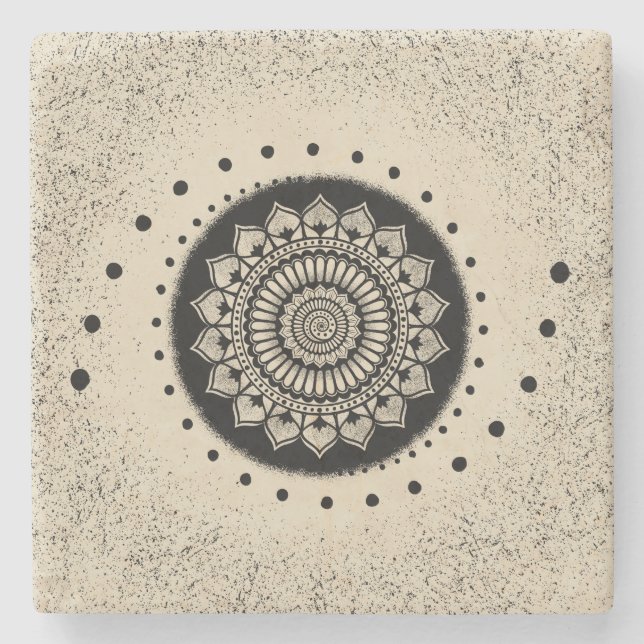 Spirals Dots and Blume Black Henna Mandala Steinuntersetzer (Vorderseite)