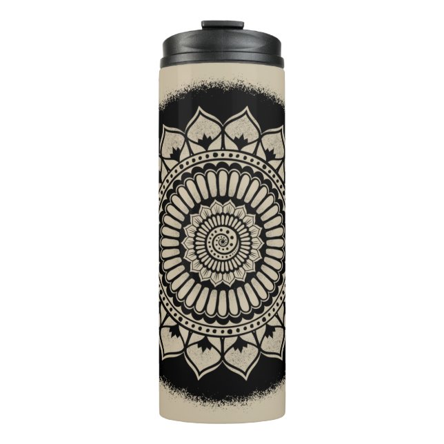 Spirals Dots Blume Black Tan Henna Mandala Thermosbecher (Vorderseite)