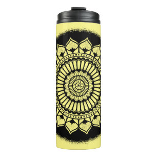 Spirals Dots Blume Black Yellow Henna Mandala Thermosbecher