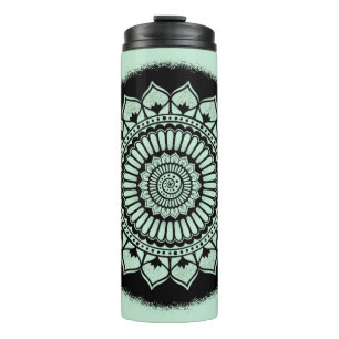 Spirals Dots Blume Green Black Henna Mandala Thermosbecher