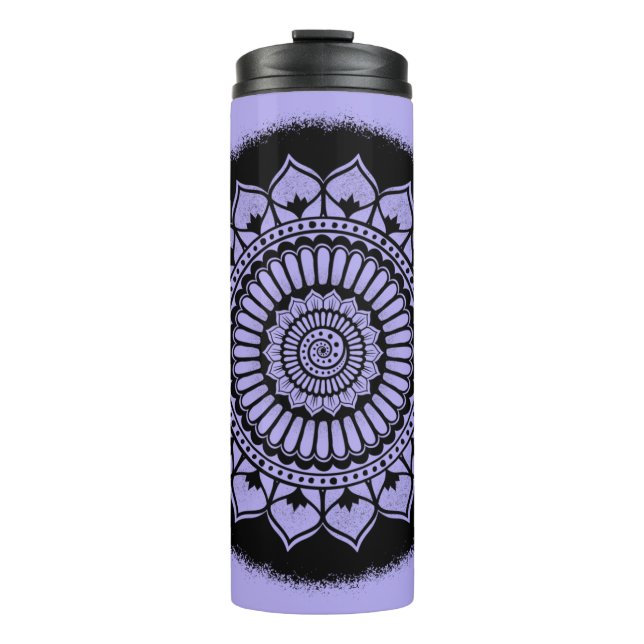 Spirals Dots Blume Lavender Black Henna Mandala Thermosbecher (Vorderseite)