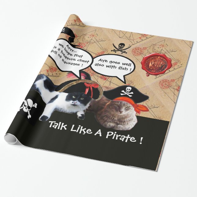 SPIRATKATZEN,ANTIKOLISCHE PIRATEN-KARTEN GESCHENKPAPIER (Ungerollt)