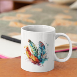 Spirit Feathers: Vibrannende Wasserfarben Kunst Kaffeetasse