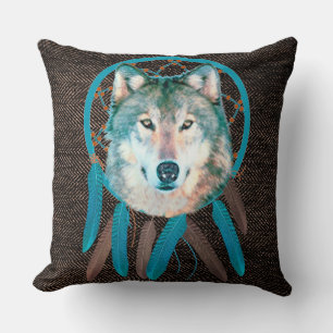 Spirit Wolf Dream Catcher Brown Zickzack Kissen