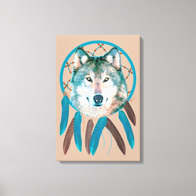 Spirit Wolf Dream Catcher Custom Wrapped Canvas Leinwanddruck (Vorderseite)