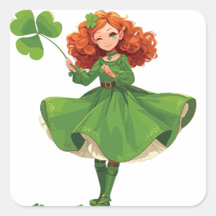 Spirited Girl Holding a Giant Clover Quadratischer Aufkleber