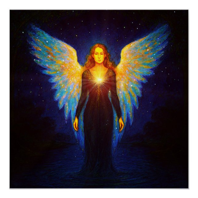 Spirituell Leuchtender Engel bei Nacht am See Poster (Vorderseite)