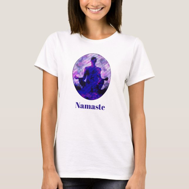 Spirituelle Lila Sitting Yoga Pose Namaste T - Shi T-Shirt (Vorderseite)