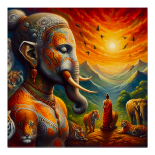 spiritueller Buddha und Elefant Poster