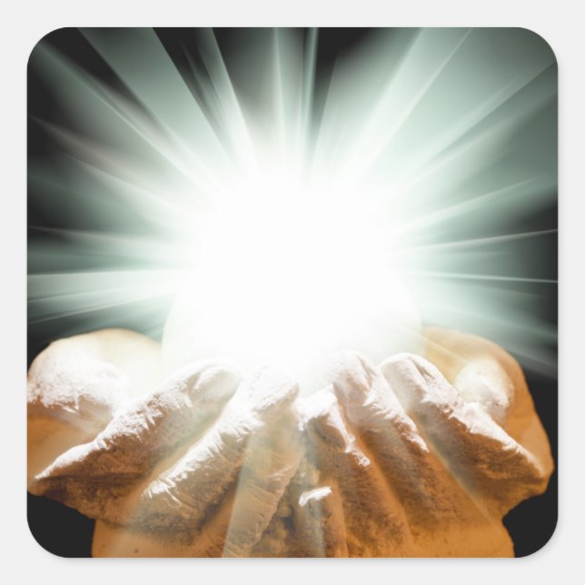 Spirituelles Licht in geschlossenen Händen Quadratischer Aufkleber (Vorderseite)