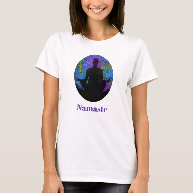 Spirituelles Patchwork Sitting Yoga Pose Namaste T-Shirt (Vorderseite)