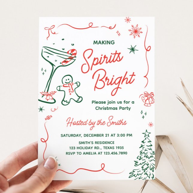 Spirituosen helle Hand gezeichnetes Weihnachtsgebä Einladung (Hand Drawn Making Spirits Bright Christmas Party Invitation)