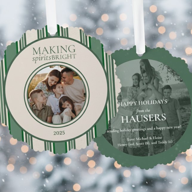 Spirituosen hellen zwei Foto Streifen Ornament Karte (Send holiday greetings with this Making Spirits Bright Two Photo Stripe Holiday Ornament Card!)