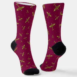 Spitfire Airplanes Aviation Themed Burgund Socken