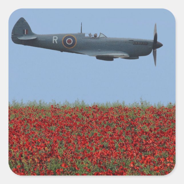 Spitfire und Poppies Quadratischer Aufkleber (Vorderseite)