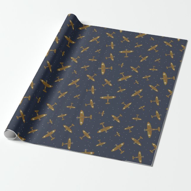 Spitfire War Flugzeug auf Navy Blue Pattern Geschenkpapier (Ungerollt)