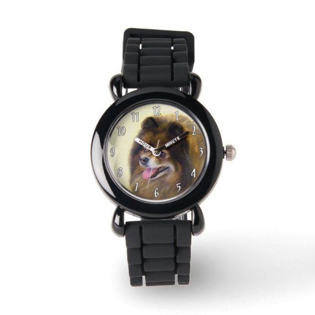 Spitz Black and Tan Malerei Original Hunde Kunst Armbanduhr (Vorderseite)