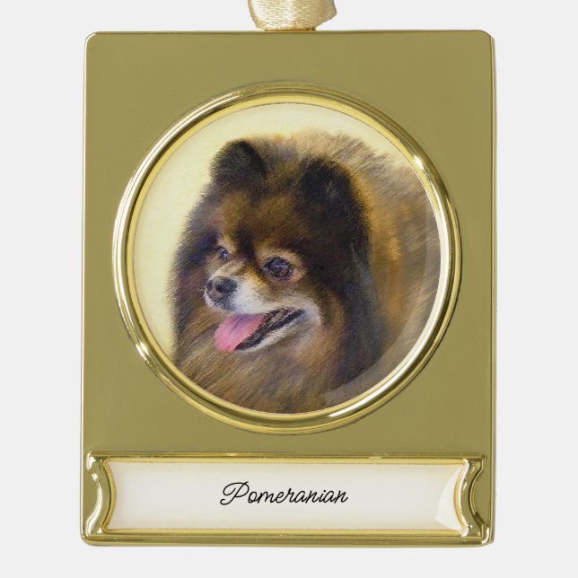 Spitz Black and Tan Malerei Original Hunde Kunst Banner-Ornament Gold (Vorderseite)