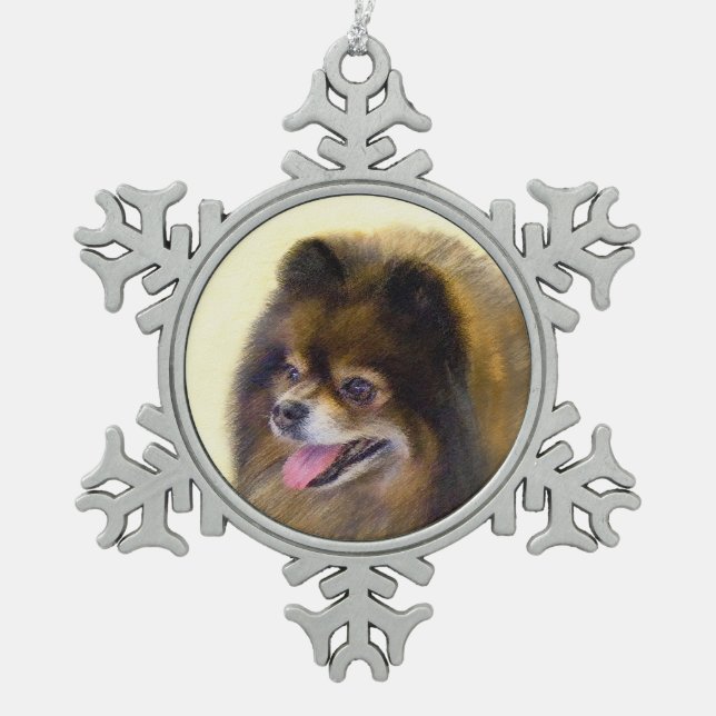 Spitz Black and Tan Malerei Original Hunde Kunst Schneeflocken Zinn-Ornament (Vorderseite)