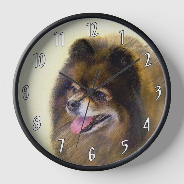 Spitz Black and Tan Malerei Original Hunde Kunst Uhr (Vorderseite)