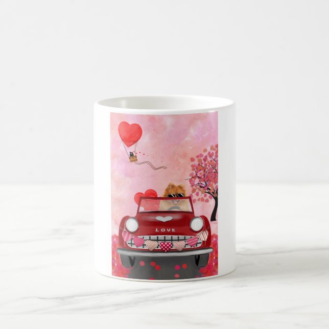 Spitz Dog Car mit Herzvalentiner Kaffeetasse (Mittel)
