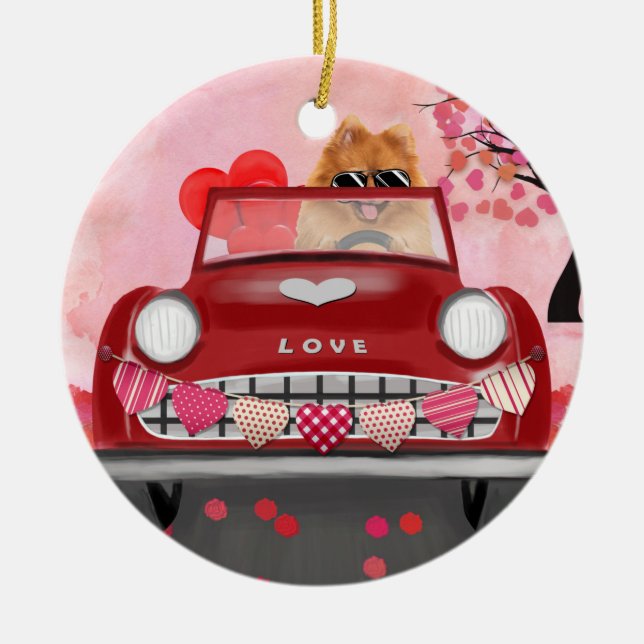 Spitz Dog Car mit Herzvalentiner Keramik Ornament (Vorne)