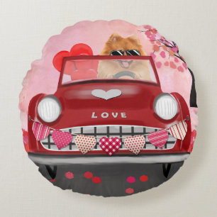 Spitz Dog Car mit Herzvalentiner Rundes Kissen
