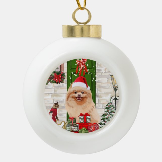 Spitz Dog Christmas Keramik Kugel-Ornament (Vorderseite)