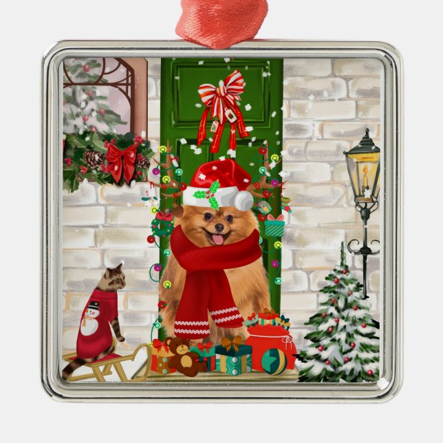 Spitz Dog Christmas Ornament Aus Metall (Vorne)