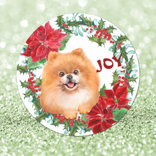 Spitz Dog Joy Poinsettia Weihnachtsfeier Runder Aufkleber