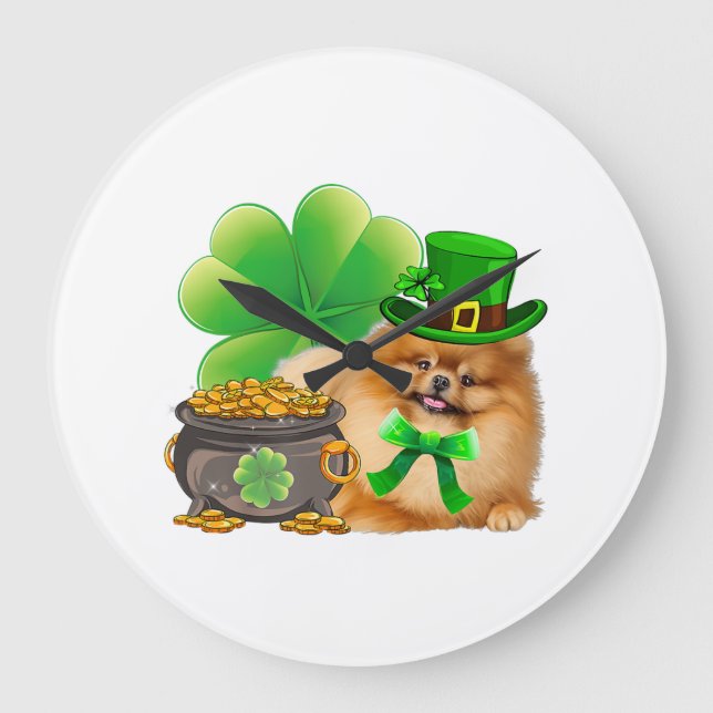 Spitz Dog Kleeblatt St Patricks Day Dog irisch Große Wanduhr (Vorderseite)