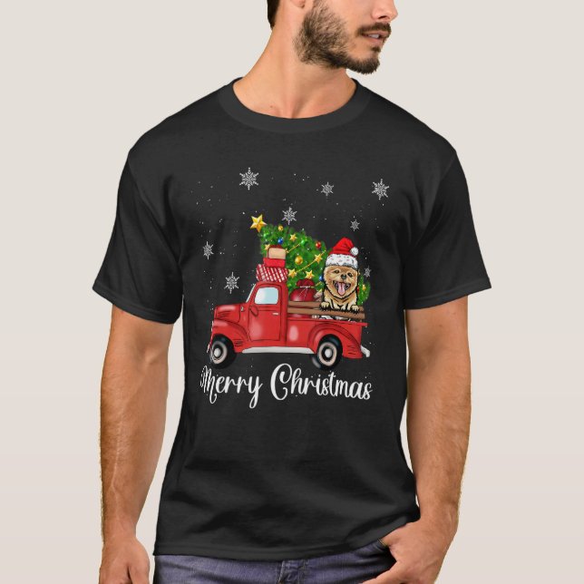 Spitz Dog Riding Red Truck Weihnachtsbaum Xma T-Shirt (Vorderseite)
