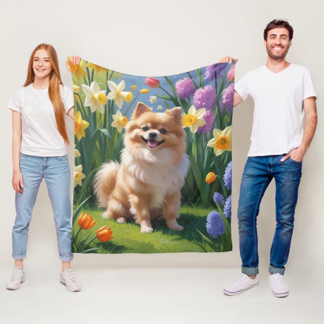 Spitz Dog Spring Blumen Malerei Fleecedecke (Beispiel)