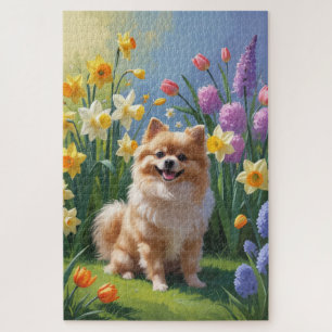 Spitz Dog Spring Blumen Malerei Puzzle