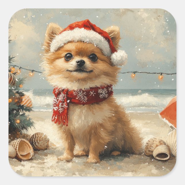 Spitz Dog Vintager Strand Quadratischer Aufkleber (Vorderseite)