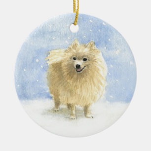 Spitz Eskie im Schnee Keramik Ornament