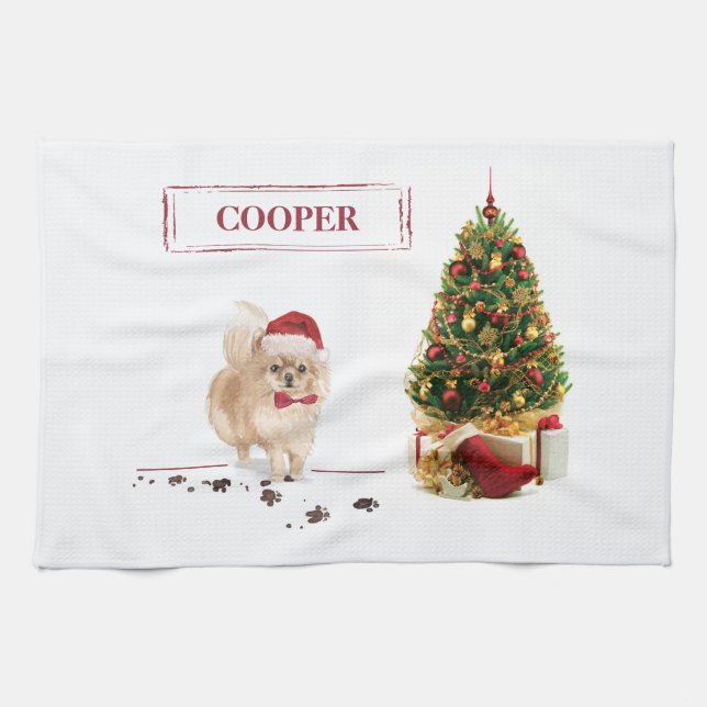 Spitz Funny Christmas Dog mit Baum Geschirrtuch (Horizontal)