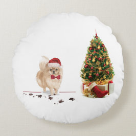Spitz Funny Christmas Dog mit Baum Rundes Kissen