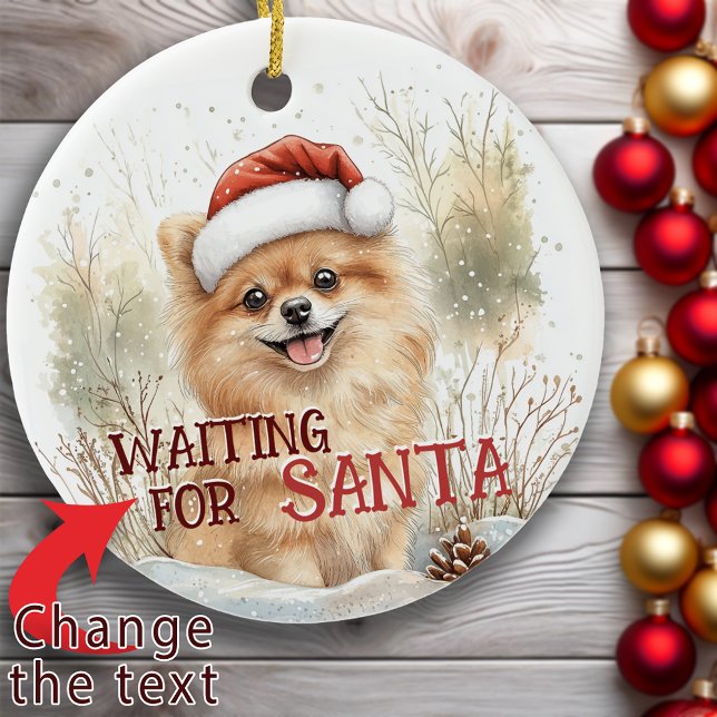 Spitz Gewartet Weihnachtsfest für den Hund Keramik Ornament (Pomeranian Waiting For Santa Snowy Dog Christmas Ceramic Ornament)
