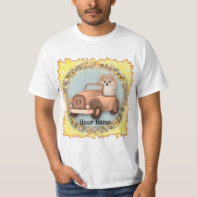 Spitz Hund Auto fahren T-Shirt (Vorderseite)