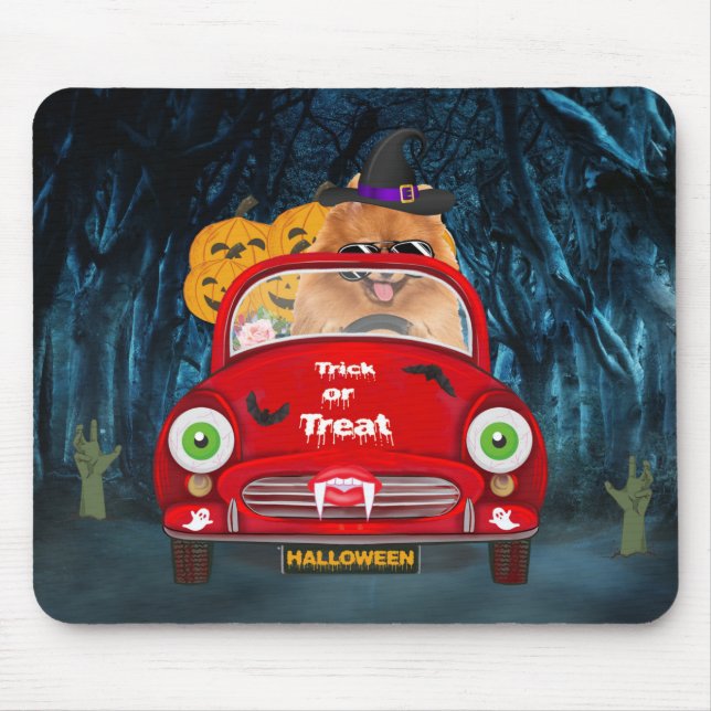 Spitz Hund Autofahren Auto Beängstigend Halloween Mousepad (Vorne)