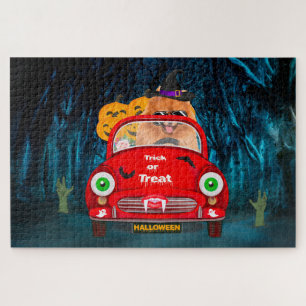 Spitz Hund Autofahren Auto Beängstigend Halloween Puzzle