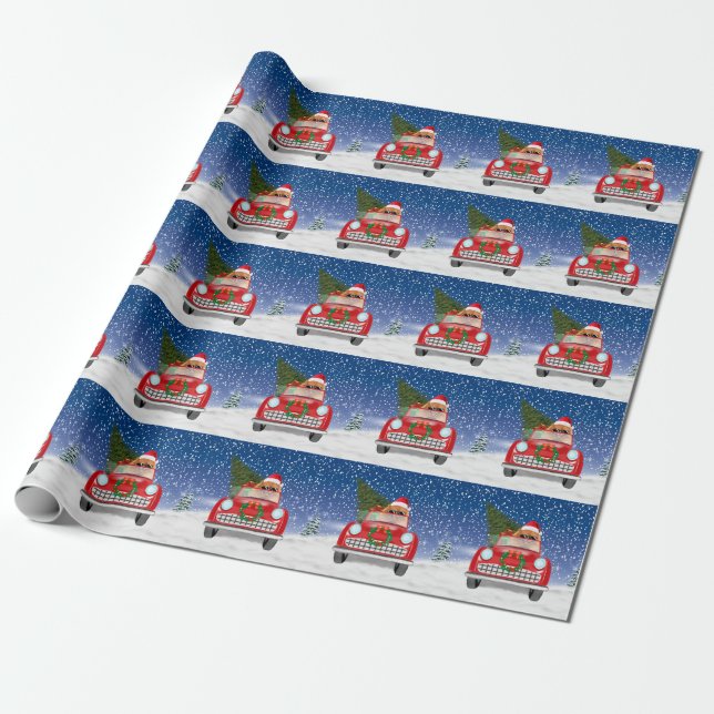 Spitz Hund Autofahren im Schnee Weihnachten Geschenkpapier (Ungerollt)