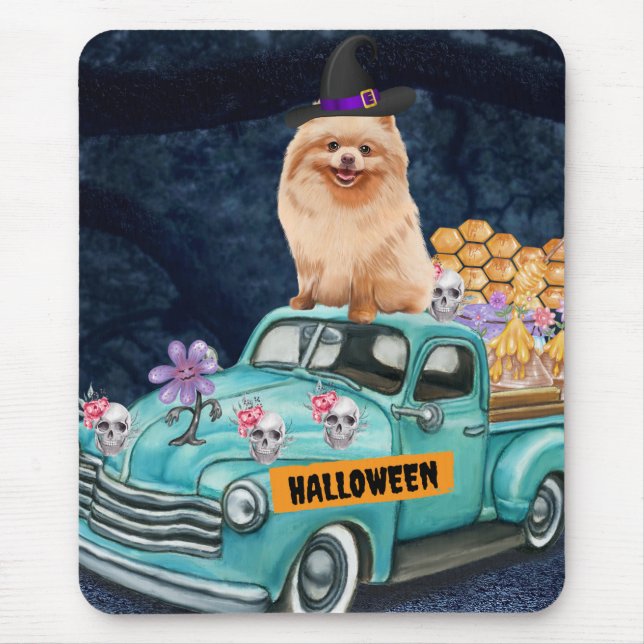 Spitz Hund Halloween LKW Beängstigende Nacht Mousepad (Vorne)